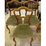 Three Victorian mahogany balloon back chairs, shaped top rail, carved horizontal splat,