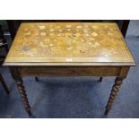 A mahogany centre table, the top inlaid with flora and fauna,