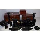 Boxes & objects - an ebony dressing table set comprising tray, various pots and covers, dishes,