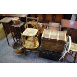 A copper coal scuttle & kettle; a copper bound oak toy chest;