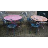 Two metal garden tables, pierced circular top, wrought legs,