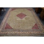 An Araak rug decorated with repeating motifs in cobalt and salmon on a cream ground,