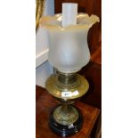 A late Victorian/early 20th century brass oil lantern, vaseline glass shade c.