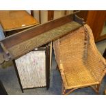 A raffia tub chair; a carved oak wall shelf; a bi-fold firescreen.