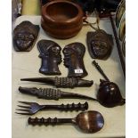 Treen - A Victorian silver mounted walking cane;various tribal masks; decorative spoons;