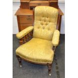 A Victorian mahogany salon chair, scrolling highlights, button upholstered back, padded arms,