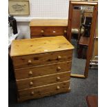 A modern five drawer pine chest; another smaller four drawers; a pine framed wall mirror.