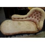 A Victorian Chaise, padded button back, cabriole legs.