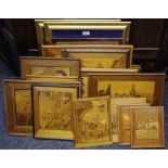 Various marquetry panels depicting rural scenes, architecture, landscapes,