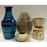 Studio pottery - a West Germany bay 606-30 vase; a waisted vase; a compressed ovoid vase;