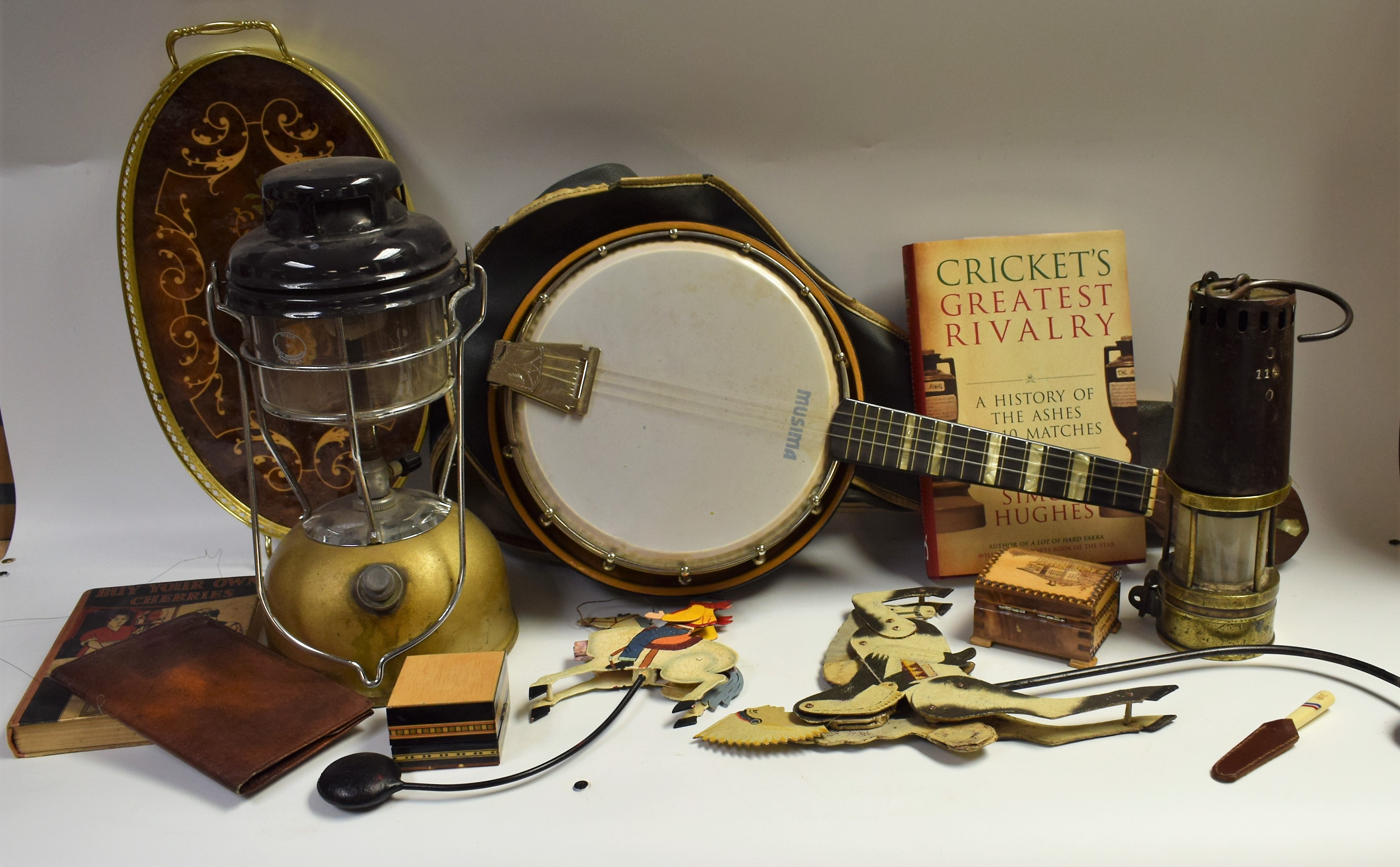 Boxes and Objects - a Richard Johnson miners lamp; marquetry tray; boxes; books;