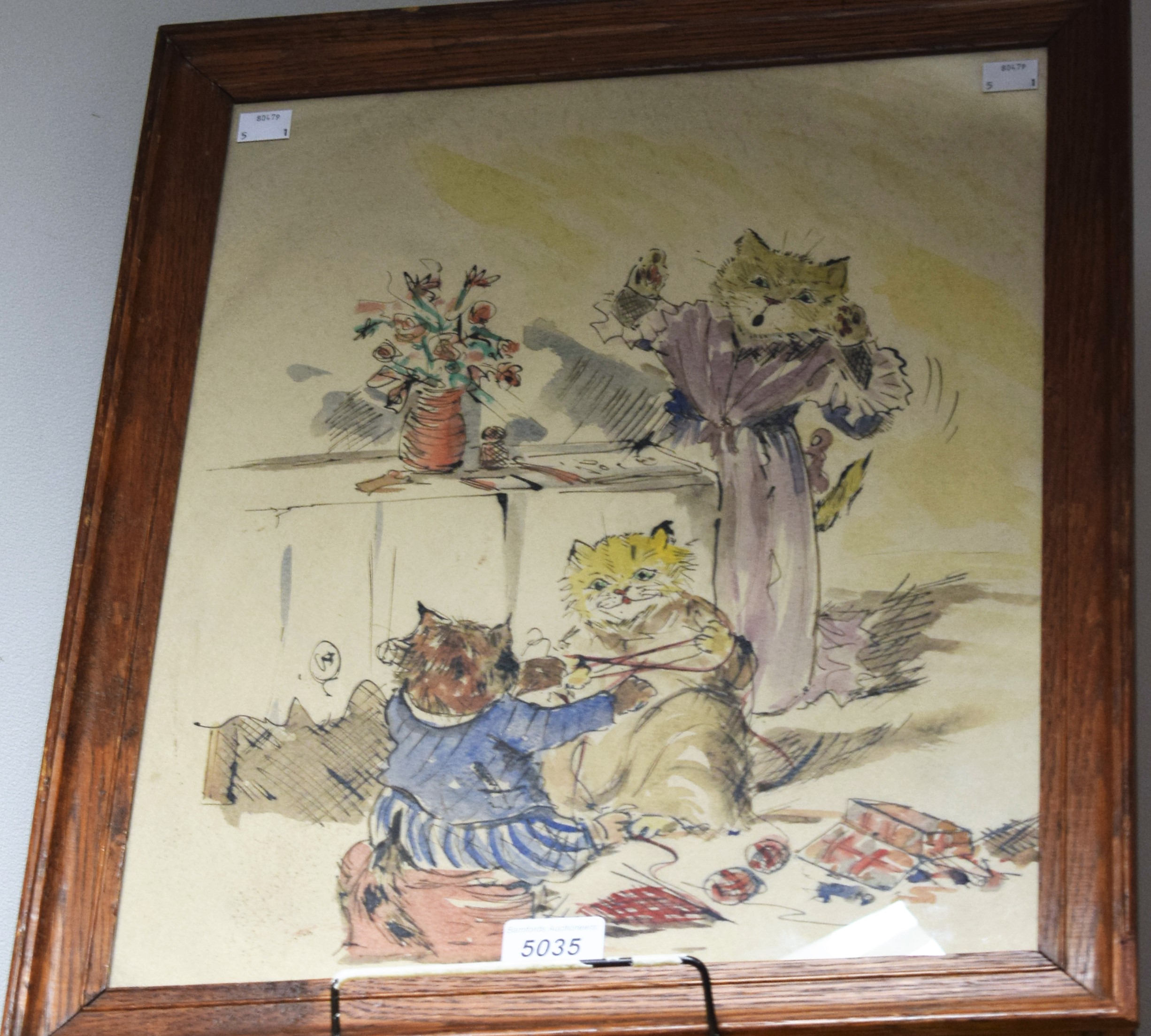 In the manner of Louis Wain, Cats At Play watercolour,