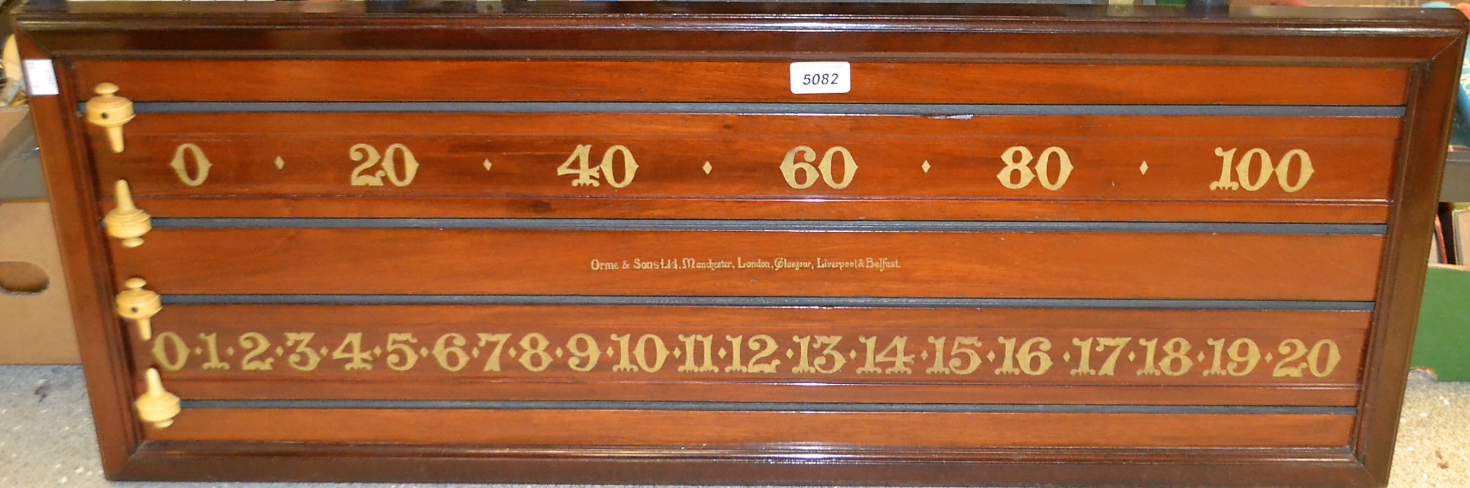 A mahogany snooker scoreboard, Orme & Sons, Manchester, London, Glasgow, Liverpool & Belfast, 92.