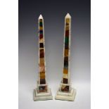 A pair of pietra dura library obelisks, each inlaid with an arrangement of malachite,