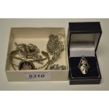 Costume Jewellery - marcasite set brooches, floral designs; an open bangle set with abalone,