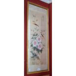 Chinese School Birds, Flowers and Verse red seal stamp, watercolour on silk,