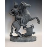 An early 20th century spelter model, Sir George, Knight on a rearing horse above a shield,