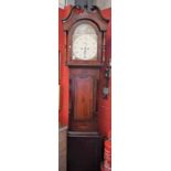 An oak and mahogany longcase clock, 32cm arched painted dial, the case with a swan neck pediment,