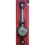 A George III mahogany wheel barometer, 20cm silvered register, alcohol thermometer, hygrometer,