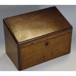 A 19th century Continental olive wood slope-top stationery box, fitted interior, c.
