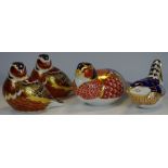 A Royal Crown Derby paperweight, Pheasant, gold stopper; others, Wren,