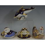 A Royal Crown Derby paperweight, Hen, gold stopper; others, Duck, no stopper; Frog,