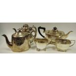 Plated ware - a three piece EPNS tea service; an EPBM teapot;