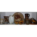 Studio Pottery - a Tek Sing type bowl; commemorative mugs; slipware cheese dome; water jug;