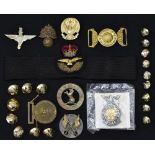 Insignia - various military badges, buttons and insignia belt buckles, an RAF officers cap band,