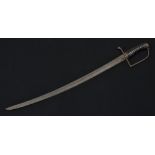 A late 18th/early 19th century sabre, 65cm curved fullered blade, ribbed ebony grip, stirrup hilt,