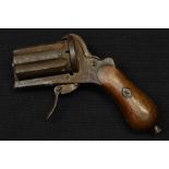 A Victorian six-barrel pinfire pepper box revolver, folding trigger, walnut grip,