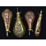 A 19th century bag shaped copper powder flask, embossed with leafy scrolls, 21cm high,