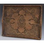 A large Chinese wooden butlers tray, carved with dragons, and bamboo,