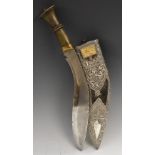 A gold and silver mounted Gurkha kukri, 30cm blade, horn grip, the scabbard chased with deity,