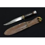 A utility knife, 15.5cm blade, banded grip with aluminium pommel, leather scabbard, 28.
