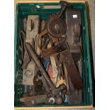 Tools - early 20th century and later including wooden smoothing planes, files, hammers, brace,