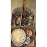 Metalware - a copper kettle; brass bell weights; copper measures; other copper and brass;