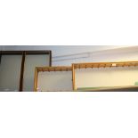A pair of narrow pine glazed single door wall hanging display cabinets;