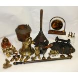 Metalware - a cast iron boot scraper; a brass wall mounted bell; a glue pot;