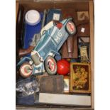 Boxes and Objects - silver plate, carved crucifix, toy receiver, a painted wooden MG sign,