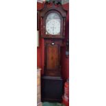 An oak and mahogany longcase clock, 32cm arched painted dial, the case with a swan neck pediment,