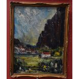 Richard Dimmock An Austrian Village titled, signed and dated to verso, abstract oil on canvas,