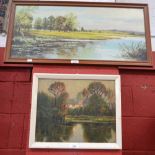 D Fairn Figures by a Lake signed, oil on board; another, English School, Cottages by a Lake,