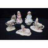 A Royal Doulton figure, Faith, HN3082; another, Hope, HN3061; three models of Unicorns,