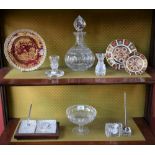 A Waterford Crystal desk stand with pen holder and clock; another, similar,