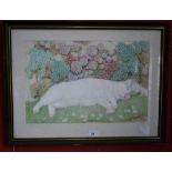 Hylma Cairns White Cat Lazing in the Garden signed, watercolour and gouache, 29.5cm x 44.