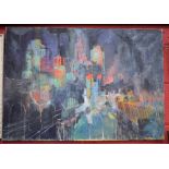 Abstract School (mid 20th century) The City at Night indistinctly signed 'de Rhodes' ?, dated 1963,