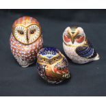 A Royal Crown Derby paperweight, Barn Owl, gold stopper, boxed; others, Tawny Owl, Little Owl,