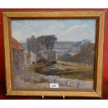 Early 20th century English School A Girl Crossing the Village Stream oil on canvas, 30.