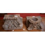 An Indian hardwood architectural fragment, carved as a Corinthian capital, 27cm wide,